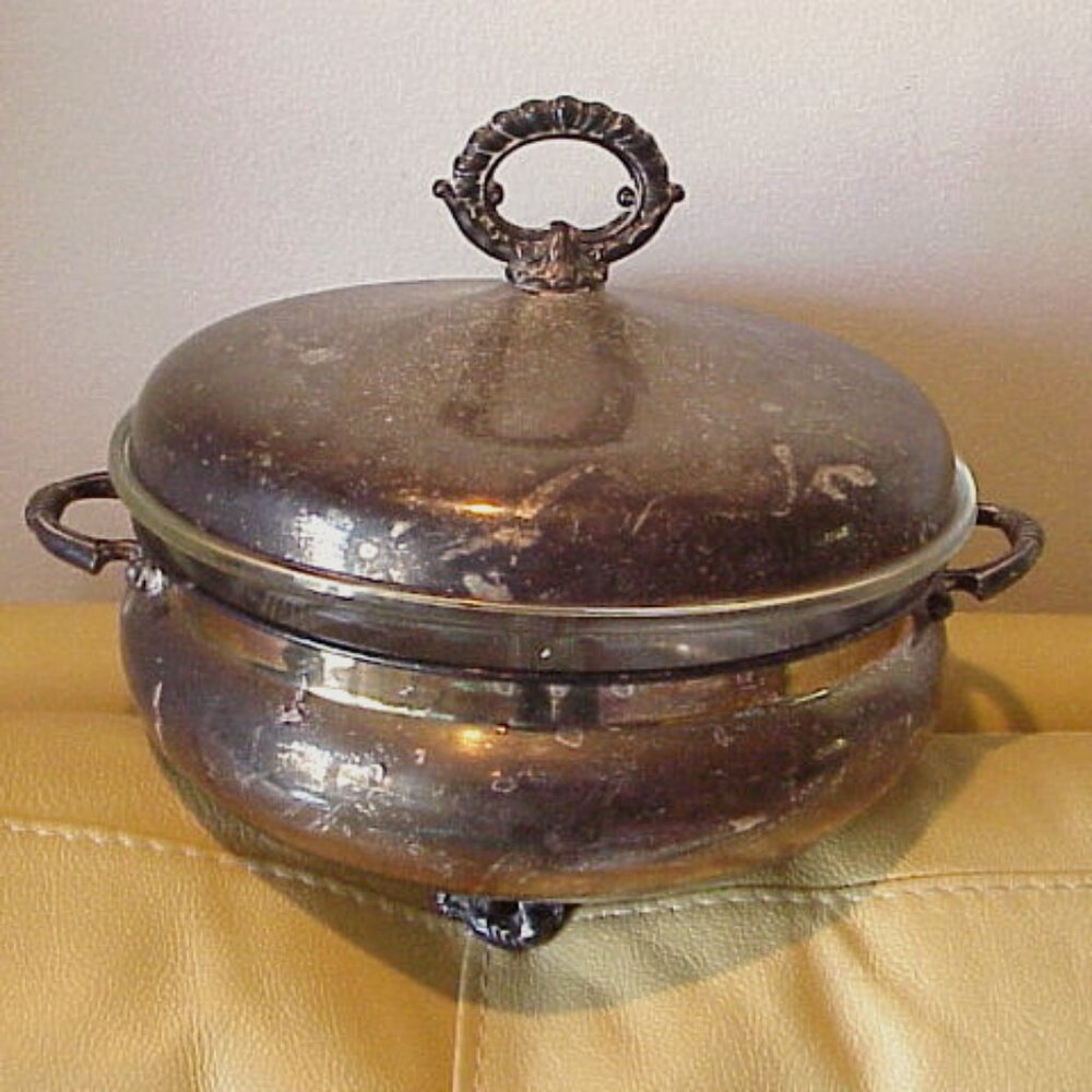 VTG 3 piece Silverplate Crosby Lidded Buffet Server with Divided Pyrex Insert